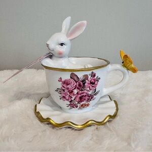 Easter Bunny Sitting In Vintage Style Teacup Floral Watercolor NEW
